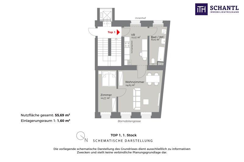 Grundriss Top 1, schematische Darstellung