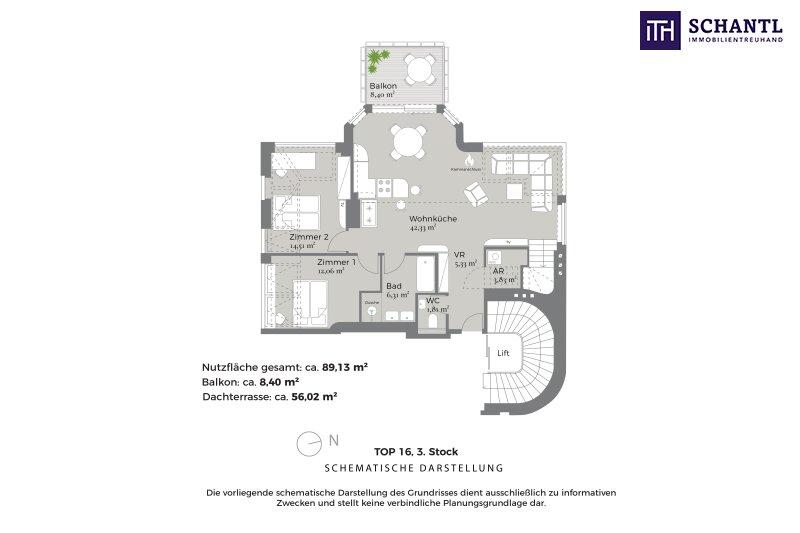 Grundriss Dachterrasse Top 16, schematische Darstellung
