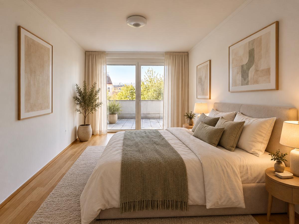 Helles schmales Schlafzimmer mit Balkonblick