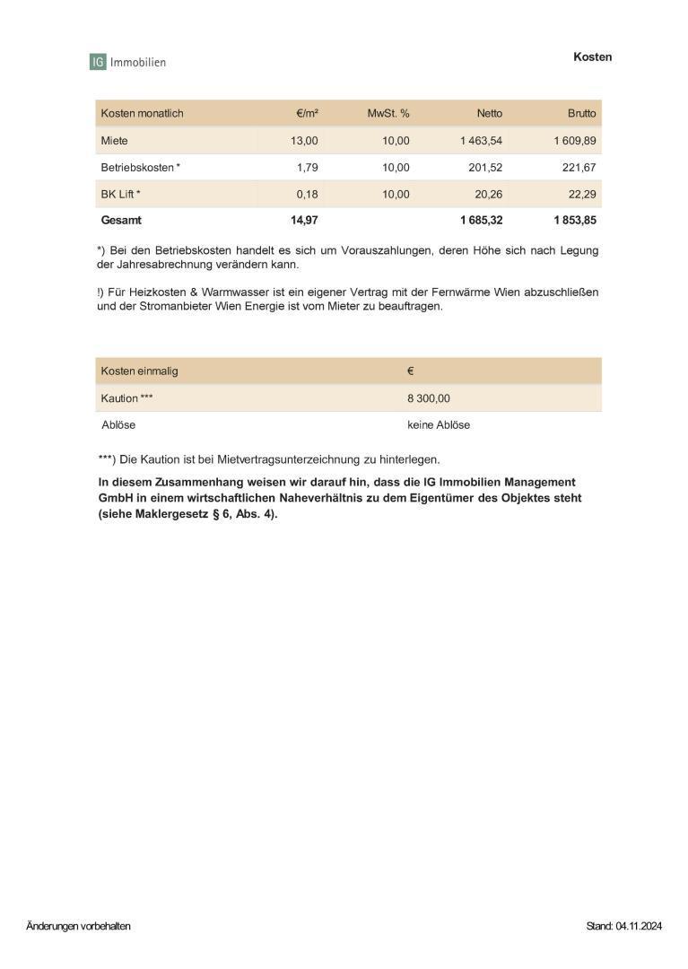 Kostenblatt Mariahilfer Stra�e 99 Top 24