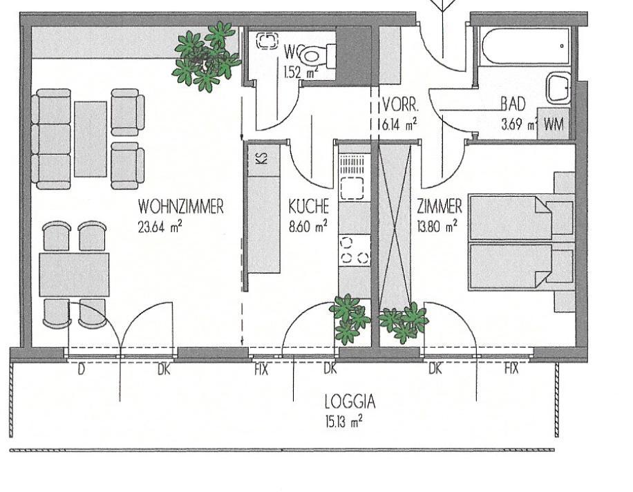 M�blierter Plan einer identen Wohnung im Haus