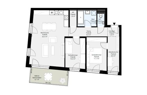 Erstbezug! Perfekt geschnittene 3-Zimmer-Wohnung mit Balkon und separater Arbeitsnische zu vermieten!