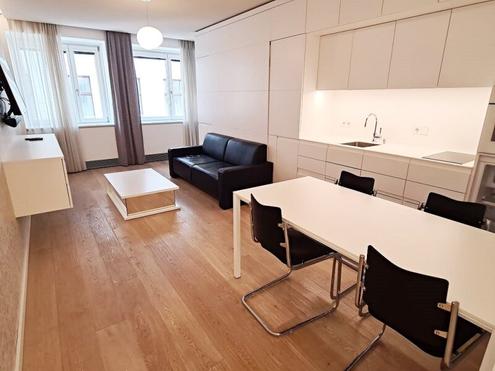 STEPHANSPLATZ-NÄHE, möbliertes 35 m2 Apartment, 1 Zimmer, Kochnische, Duschbad, Parketten, 3. Liftstock, Rotenturmstraße