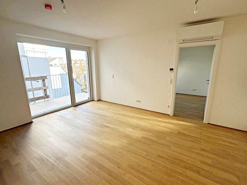 AUGARTEN-NÄHE, DACHGESCHOSS, klimatisierte 43 m2 Neubau mit 6 m2 Balkon, Wohnküche, 1 Zimmer, Duschbad, Parketten, Erstbezug