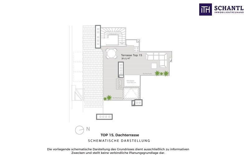 Grundriss Dachterrasse Top 15, schematische Darstellung