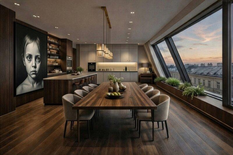 K�che mit Esstisch und Panoramaverglasung