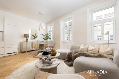 Innenarchitektonisch gestaltete 2-Zimmer-Musterwohnung mit Wohnküche und Terrasse