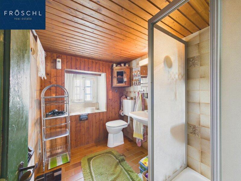 Badezimmer mit Dusche und Fenster
