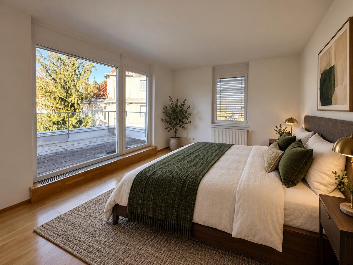 Modernes Boutique-Hotel-Schlafzimmer mit Nussbaum