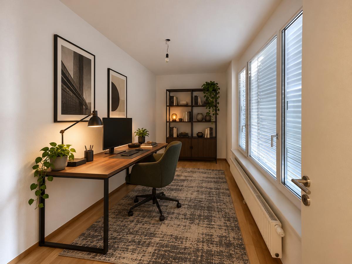 Modernes Industrie-Homeoffice in schmalem Raum