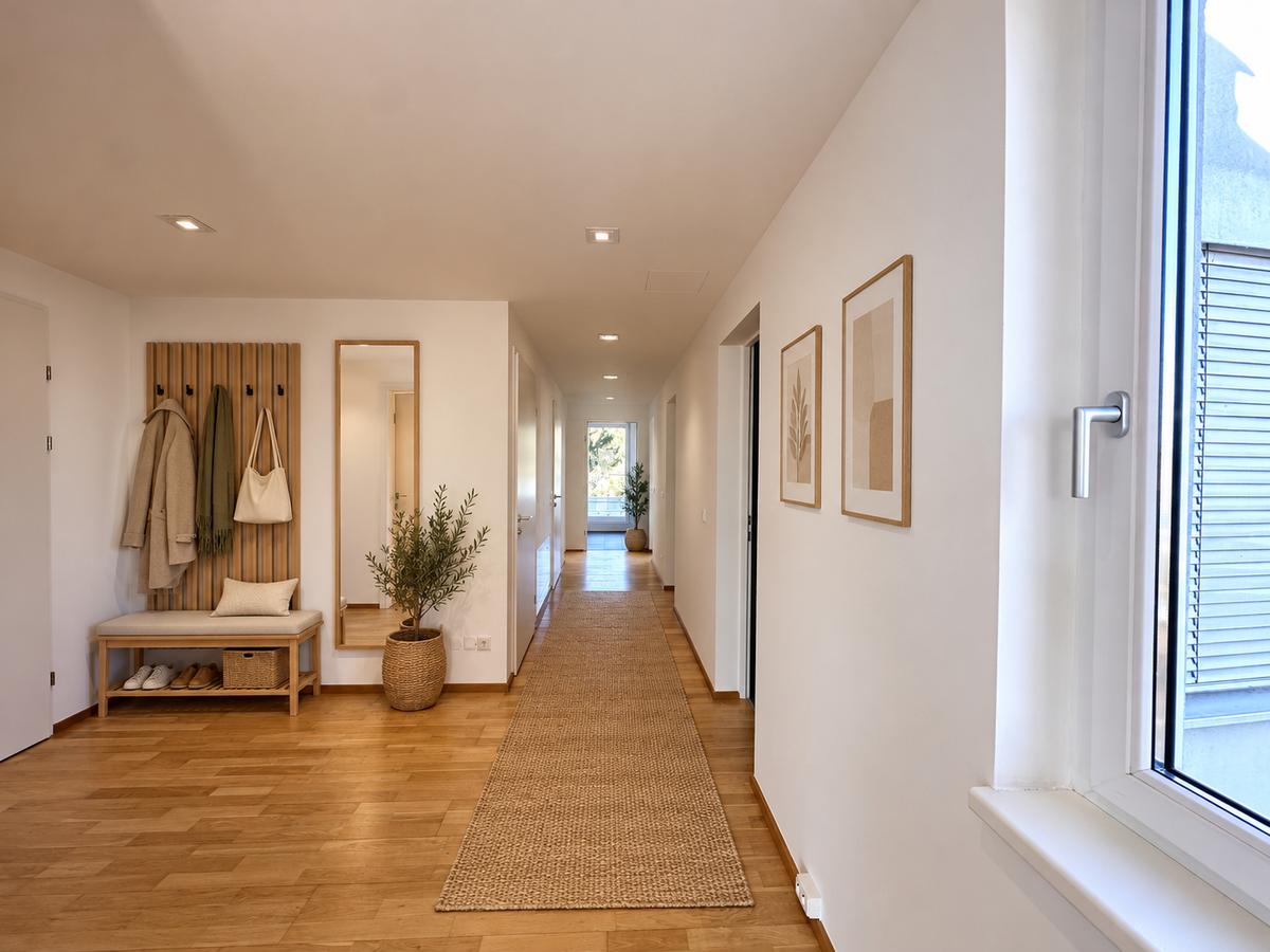 Heller Eingangsflur mit Eichen-Garderobe und Spiegel