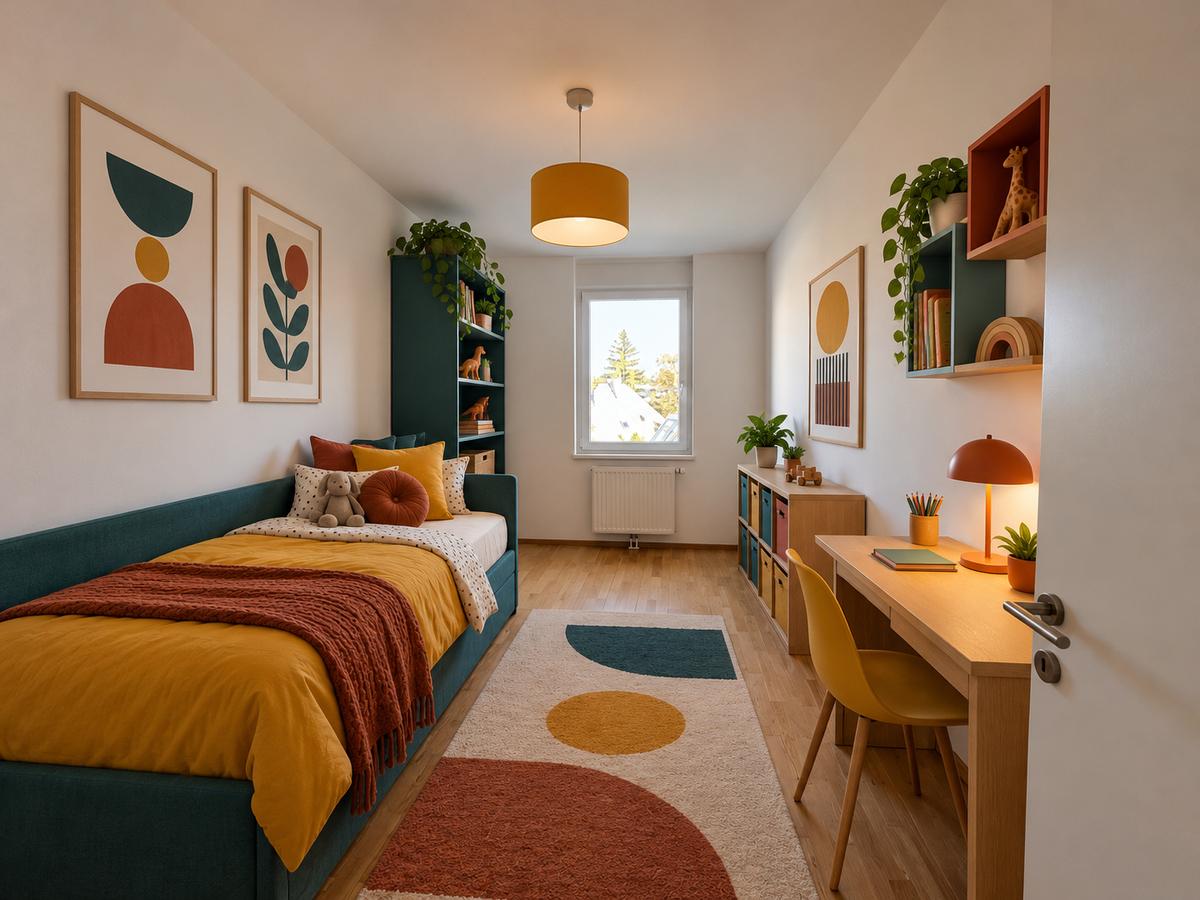 Fr�hliches Kinderzimmer in Teal, Senfgelb und Terrakotta
