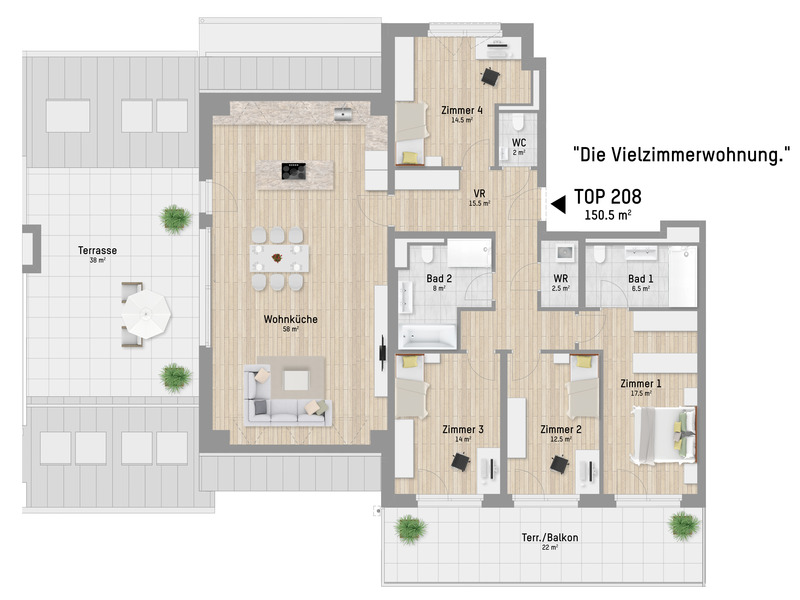 Vielzimmerwohnung fr vielseitige Individualisten. 151 m, 5 Zimmer, 2 Terrassen und ganz viel Platz /  / 1220 Wien / Bild 0