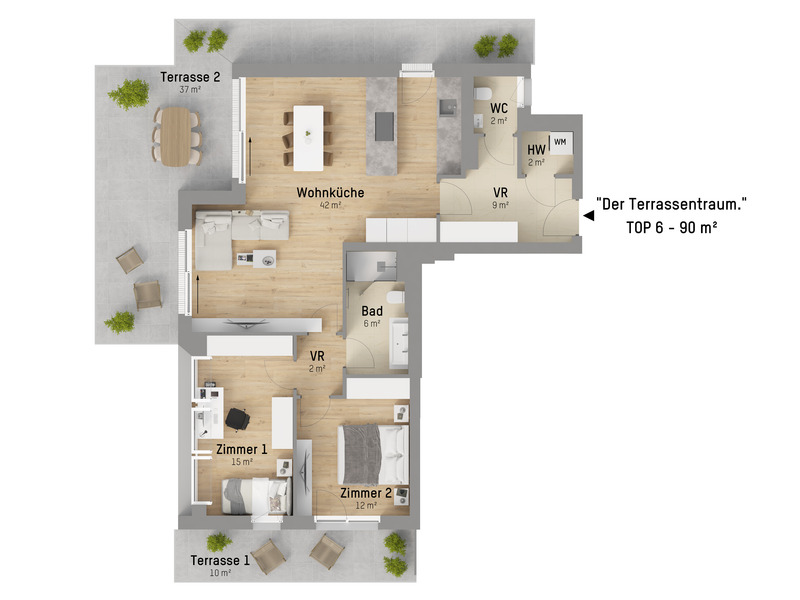 Grn, ruhig und dennoch zentral nahe Lobau. Schlsselfertige 3-Zimmer Wohnung mit groer Terrasse  /  / 1220 Wien / Bild 3