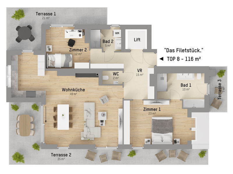 Elegantes 3-Zimmer Penthouse nahe Lobau. 115 m Wohnglck und 3 Terrassen fr beste Aussichten /  / 1220 Wien / Bild 7