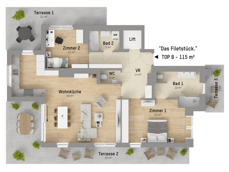 Elegantes 3-Zimmer Penthouse nahe Lobau. 115 m² Wohnglück und 3 Terrassen für beste Aussichten / / 1220 Wien / Bild 1