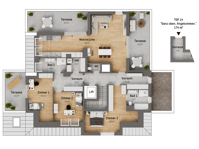 "Ganz oben. Angekommen": Premium-Penthouse mit 4 Zimmern und 3 Terrassen im 2. DG.  /  / 1220 Wien / Bild 5
