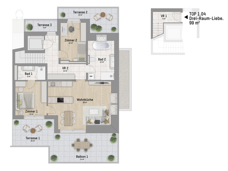 1220, Brachelligasse, 400 m zur U1 bei der Alten Donau, 3-Zimmer-Penthouse  /  / 1220&nbsp;Wien / Bild 2