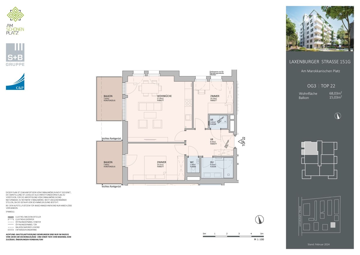Fertig zum Einziehen und provisionsfrei! 3 Zimmer mit 2 Balkone - Luxuris Wohnen im exklusiven Prachtgarten /  / 1100 Wien, Favoriten / Bild 2