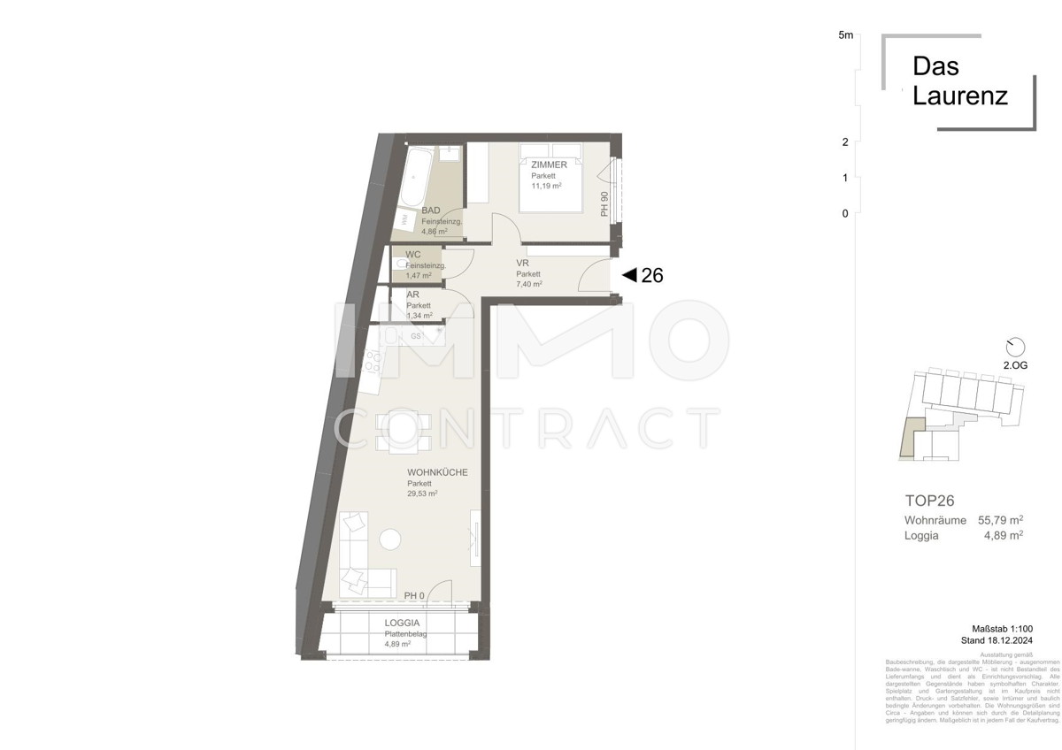 U3 ! Inklusive Küche 2 Zimmer Wohnung+Loggia =DAS LAURENZ= Erstbezug - 1 Bedroom+ Loggia / / 1110 Wien / Bild 2