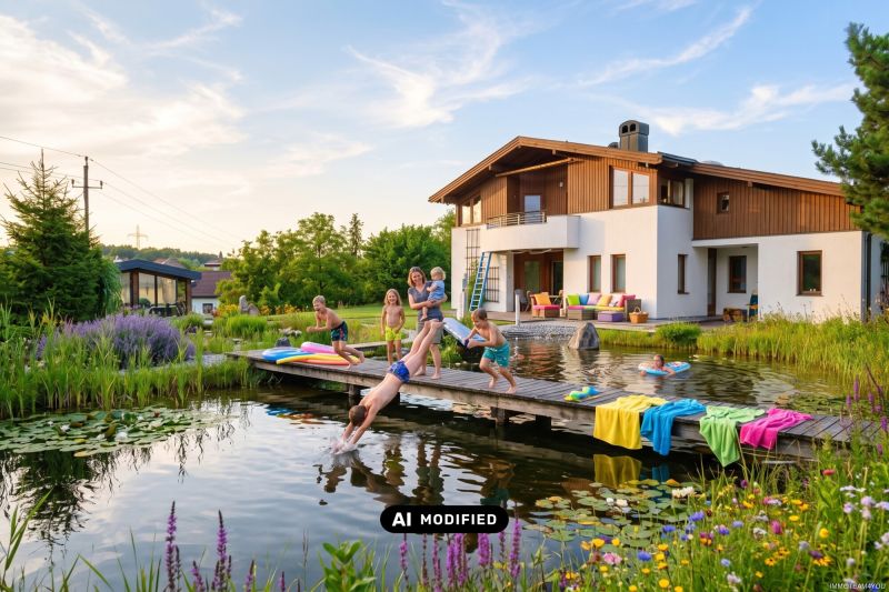 Exklusivit�t und Privatsph�re pur auf 2.610 m2 Grundfl�che! Von der Terrasse in den Schwimmteich.