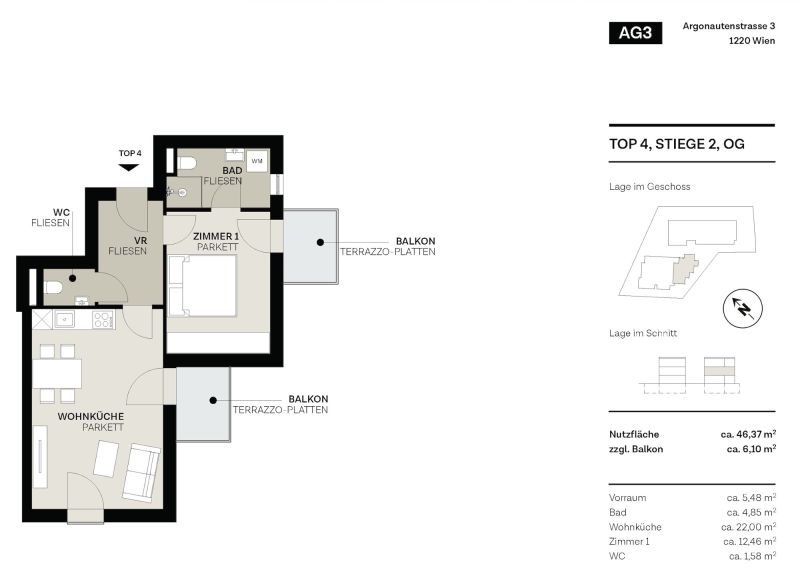 Preiswerte 2-Zimmer-Starterwohnung (46 m�) mit Balkon ? Fertiger Erstbezug direkt an der Alten Donau /  / 1220&nbsp;Wien, Donaustadt / Bild 7