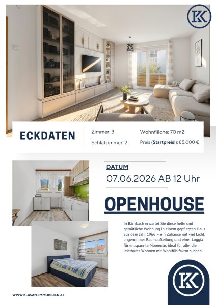 Open House: Helle 3-Zimmer-Wohnung mit Loggia in B�rnbach ? Ihr neues Zuhause ab 85.000?