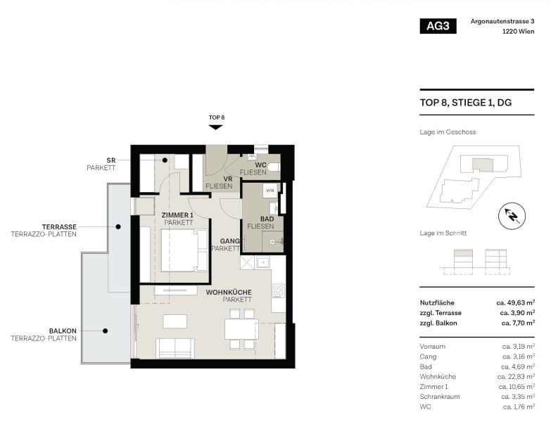 Sonnendeck: 50 m� DG-Apartment mit fast 12 m� Terrasse. N�he Strandcaf� Alte Donau /  / 1220&nbsp;Wien, Donaustadt / Bild 7