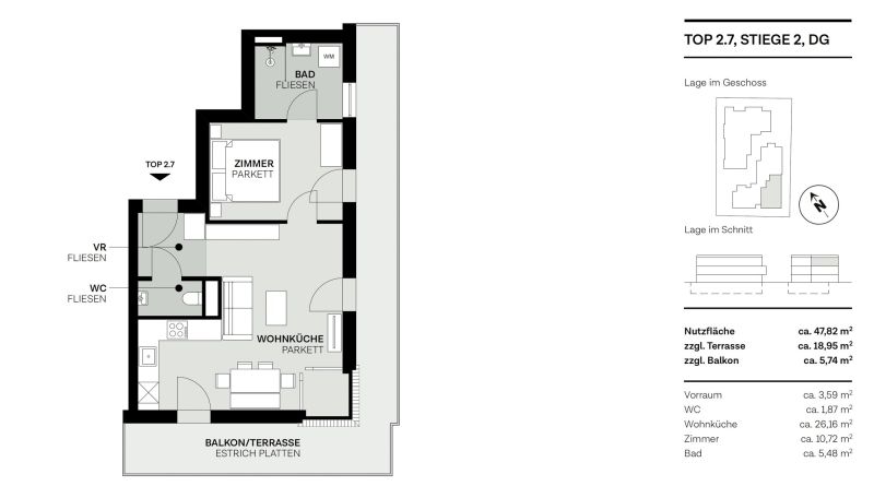 Luftiges Dachgeschoss-Refugium: Atemberaubende 2-Zimmer-Wohnung mit beeindruckender Freifl�che /  / 1220&nbsp;Wien, Donaustadt / Bild 9