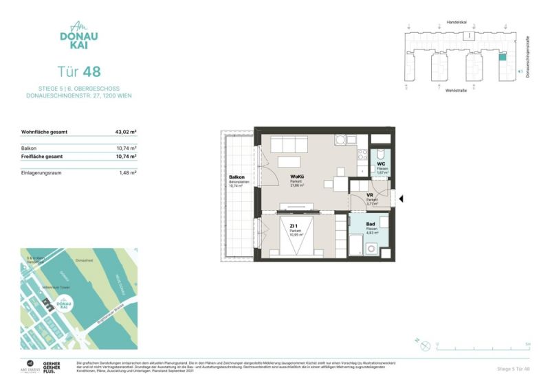 AB JUNI: Innenhof gerichtete, provisionsfreie 2-Zimmer-Wohnung mit Balkon direkt bei U6 Handelskai! /  / 1200 Wien / Bild 8