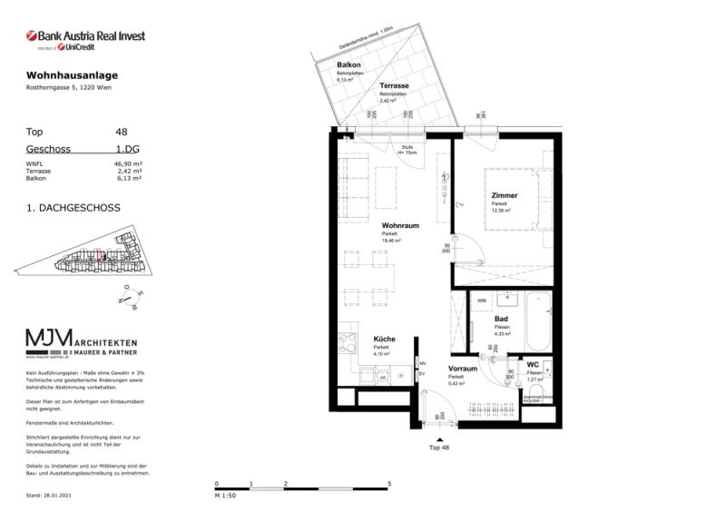 AB MAI: Provisionsfreie 2-Zimmer-Wohnnung | Dachgeschoss | Terrasse | Einbaukche | Badewanne /  / 1220 Wien / Bild 4